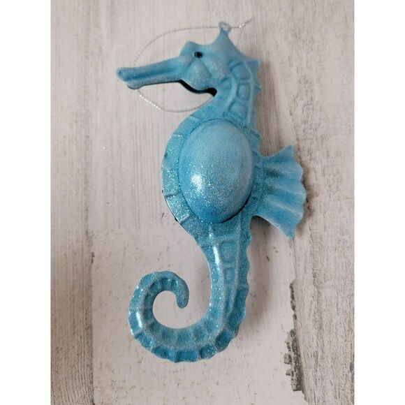 Metal Glitter blue seahorse bell ornament Xmas decor ocean beach - Picture 1 of 5